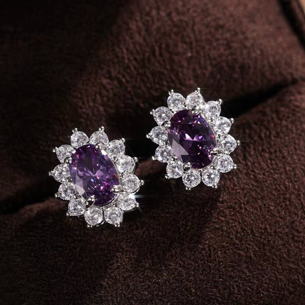 18k White Gold Amethyst Diamond Earrings Purple Oval Cut Earrings